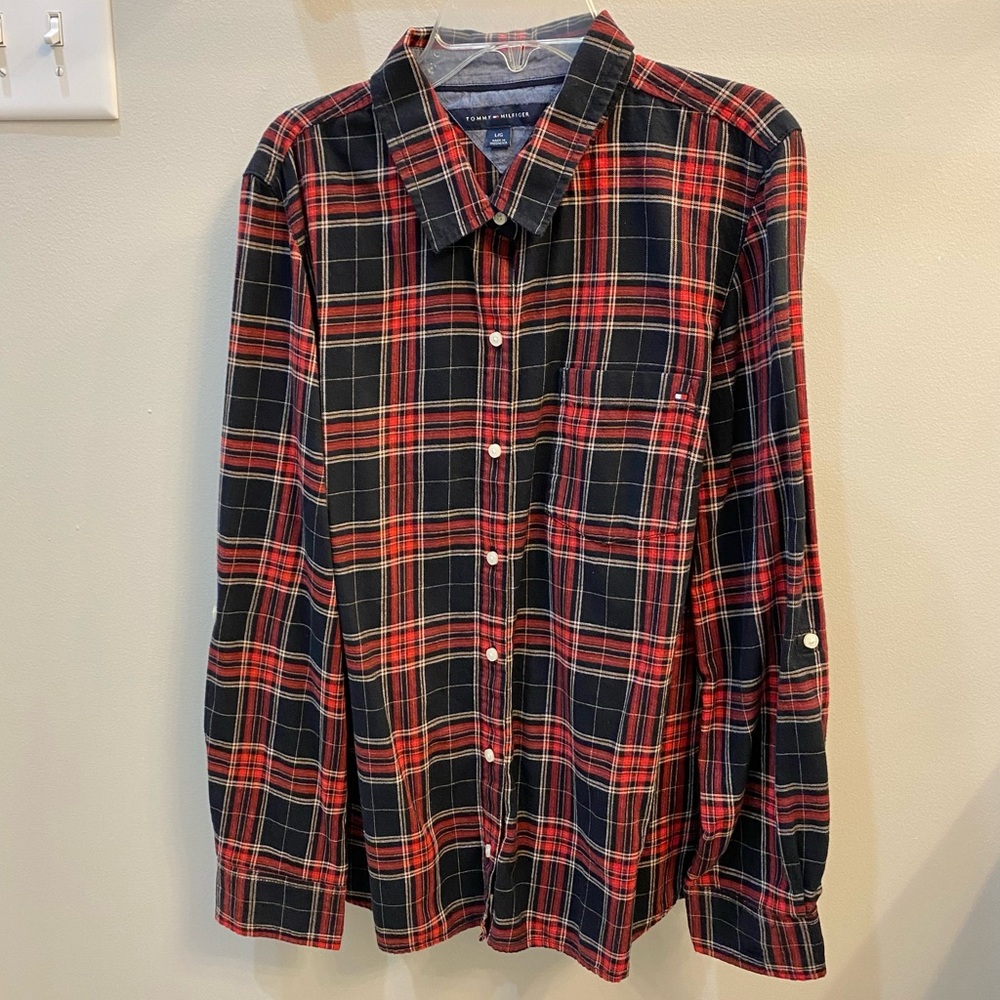 Tommy Hilfiger Plaid Flannel Button Down Shirt Red/Black L
